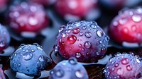 Fresh ripe cranberries covered with water drops on dark background, macro food photography showing natural texture and juicy berries in morning dew.