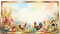 Watercolor farm scene with chickens, rooster and rural elements in decorative border frame for rustic country design projects and agricultural themes.