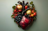 Creative anatomical heart made from fresh fruits and vegetables on green background, symbolizing healthy cardiovascular nutrition and organic diet concept.