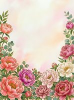 Watercolor peony flowers frame border with soft pastel background for wedding invitations, greeting cards and romantic design projects.