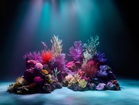 Vibrant coral reef composition with colorful sea anemones, starfish and marine plants against dark background with dramatic aqua lighting creates underwater atmosphere.