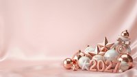 Young woman with light skin tone, wearing festive attire, surrounded by rose gold and white holiday decorations including spheres, stars, and numbers, against soft pink fabric backdrop for seasonal marketing.
