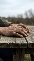 Weathered elderly hands resting on rustic wooden table outdoors, showing life experience and wisdom through aged skin texture and natural outdoor setting.