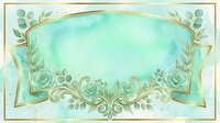 Vintage turquoise watercolor banner with ornate gold flourishes, eucalyptus leaves and roses, isolated on white background for wedding invitations, greeting cards and design projects.