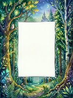 Watercolor enchanted forest frame with owl, castle, moon, mushrooms and glowing fireflies surrounding a blank center for text or design.