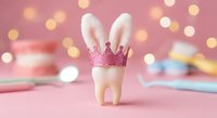 Tooth fairy concept with white molar wearing pink glitter crown and bunny ears on soft pink background with golden bokeh lights for dental care.