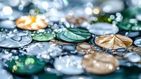 Colorful glass drops and circles with bokeh effect create dreamy abstract macro composition in turquoise, gold and silver tones, soft focus artistic photography.