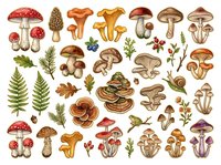 Vintage botanical illustration featuring diverse mushroom and fungi species with forest plants, ferns, and botanical elements on white background, suitable for educational materials, design projects, and nature-themed applications.