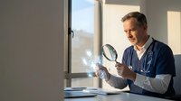Middle-aged Caucasian male doctor in blue scrubs examining medical documents with magnifying glass in bright hospital office near window.