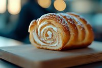 Freshly baked cinnamon roll with golden brown swirls on wooden cutting board in warm kitchen setting with soft bokeh lights in background.