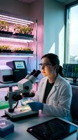 Female scientist in white lab coat using microscope in modern laboratory with LED plant growth system and digital equipment for agricultural research.