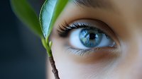 Close-up of blue eye with long eyelashes next to a green plant sprout, symbolizing natural beauty, growth, and environmental connection.