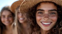 Young woman with freckles and curly hair wearing straw hat smiles brightly at camera, with two blurred female friends in background enjoying summer day.
