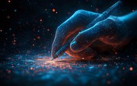 Glowing ethereal hand holding pen creates magical sparks and light trails against dark background with floating particles and reflective surface.