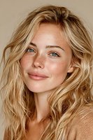 Young blonde woman with freckles and wavy hair smiling naturally against neutral background for beauty and skincare campaigns.