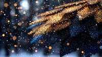 Magical golden glitter sparkles on dark blue background with bokeh effect and shimmering particles creating ethereal festive atmosphere.