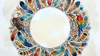 Ornate circular frame with colorful feathers, tribal patterns and ethnic motifs creating decorative border on textured background for design projects.