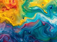 Vibrant fluid art with swirling yellow, orange, blue, and purple paint creating abstract marble pattern with flowing waves and colorful textures.