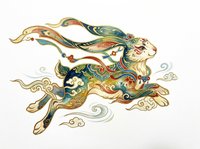 Ornate decorative rabbit leaping with flowing mane and tail in gold, teal, and cream colors. Isolated on transparent background, ready for t-shirts, stickers, clipart, and print-on-demand designs.