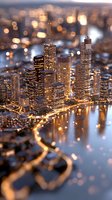 Illuminated cityscape with glowing skyscrapers reflected in river at dusk, featuring modern architecture and bokeh lights creating dreamy urban atmosphere.