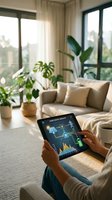 Person holding tablet displaying home energy management system with solar panels and consumption charts in modern living room with plants, sofa, and natural light from windows.