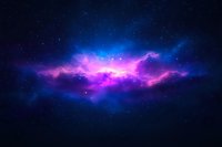 Vibrant pink and blue nebula glowing against dark space background with bright stars scattered across cosmic clouds, creating mystical celestial atmosphere.