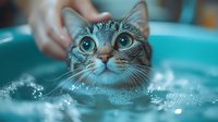 Curious cat taking bath in turquoise water with visible whiskers and bright blue eyes looking up while being washed by owner's hands. Pet grooming and care concept.