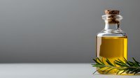 Glass bottle with golden olive oil and cork stopper on gray background with fresh rosemary sprig, minimalist food photography composition.