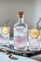 Glass bottle and two highball glasses filled with pink gradient cocktail, garnished with lemon slices and fresh herbs on black marble board. Refreshing summer drinks.