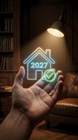 Hand holding neon house icon with 2027 and checkmark symbol in warm-lit study room with leather furniture and bookshelves, representing real estate approval and future property investment.