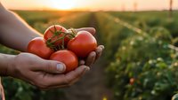 Fresh ripe tomatoes cupped in farmer hands at sunset in organic vegetable garden. Agricultural harvest concept for healthy eating and farm produce.