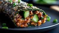 Fresh nori roll filled with quinoa, cucumber, and sesame seeds, garnished with green onions on black plate, close up view of Asian fusion cuisine.