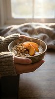 Person holding bowl of oatmeal porridge with peach slices and granola, wearing cozy sweater by window with blankets, warm breakfast scene.