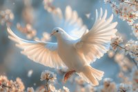 White dove with spread wings flying among delicate cherry blossoms against soft blue background, symbolizing peace, freedom, and spring renewal.