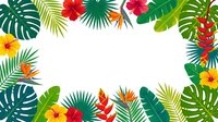 Tropical leaves frame with hibiscus flowers and palm fronds creating colorful border on white background for summer designs and vacation themes.