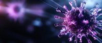 Purple virus cell with spiky surface floating in dark space against blurred background with glowing effects, scientific visualization for medical and healthcare concepts.