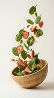 Fresh spinach leaves, strawberries, walnuts and feta cheese falling into wooden bowl creating dynamic salad composition on neutral background.