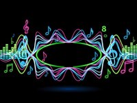 Neon music waves with colorful sound frequencies and musical notes on black background for audio technology and entertainment design projects.