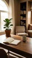Cozy home office workspace with wooden desk, open notebook, potted plant, ceramic mug, and natural light from arched window overlooking bookshelf and comfortable seating area.