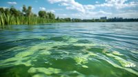 Tranquil lake surface with green algae bloom and rippling water against summer landscape, trees and blue sky with white clouds reflecting.