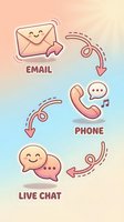 Customer service communication channels with cute cartoon icons showing email, phone and live chat options on gradient background.