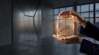Businessperson holding glowing holographic timer symbol in hands against modern office interior with industrial windows and minimalist workspace design.