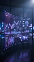 Futuristic holographic financial dashboard displaying stock market charts, data analytics and global trading interface in modern office environment.