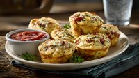 Savory breakfast egg muffins with bacon and herbs served on ceramic plate with tomato sauce, perfect for brunch or quick protein-rich meal.