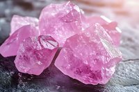 Raw pink rose quartz crystal clusters on dark stone surface with soft lighting, showcasing natural mineral formation and healing properties for wellness and meditation.