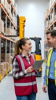 Two warehouse workers in safety vests discussing logistics with tablet in modern distribution center with forklift and storage shelves in background.
