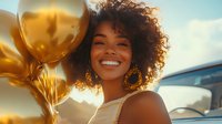 Young African American woman with natural curly hair smiling radiantly while holding golden balloons at sunset, expressing joy and celebration in casual summer attire.