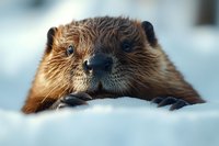 Adorable beaver kit with fluffy brown fur resting on white snow, showcasing cute facial features and small paws in winter wildlife scene.