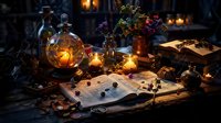 Mystical alchemy laboratory with glowing potions, ancient spell books, magical herbs and candles creating enchanting witchcraft atmosphere for fantasy themes.