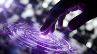 Hand touching glowing purple swirling energy vortex with bokeh background, representing innovation, technology, and digital transformation for futuristic concepts.